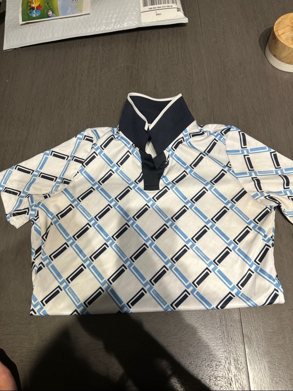 J.Lindeberg White Polo with Light Blue and Navy Geometric Print